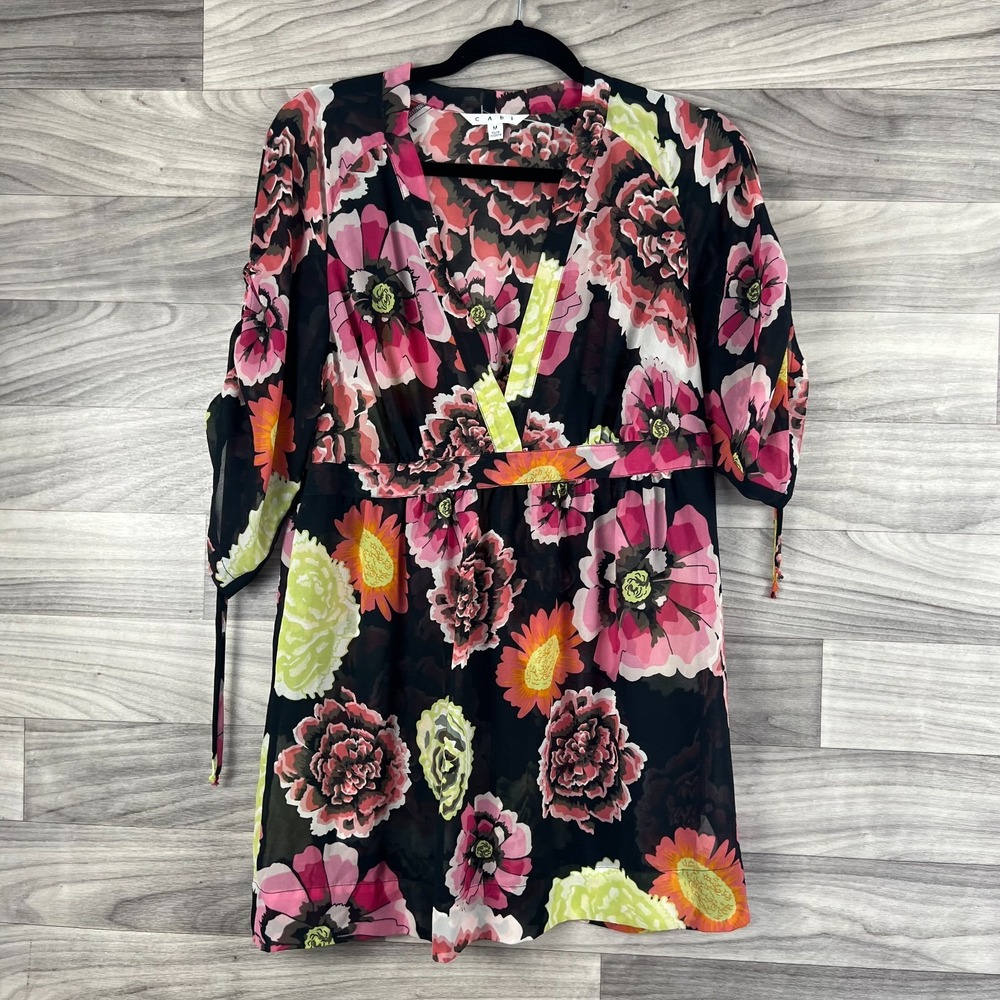 Cabi Blouse Top Womens Medium Black Pink Floral Sheer Deep‎ V Neck Ruched Sleeve